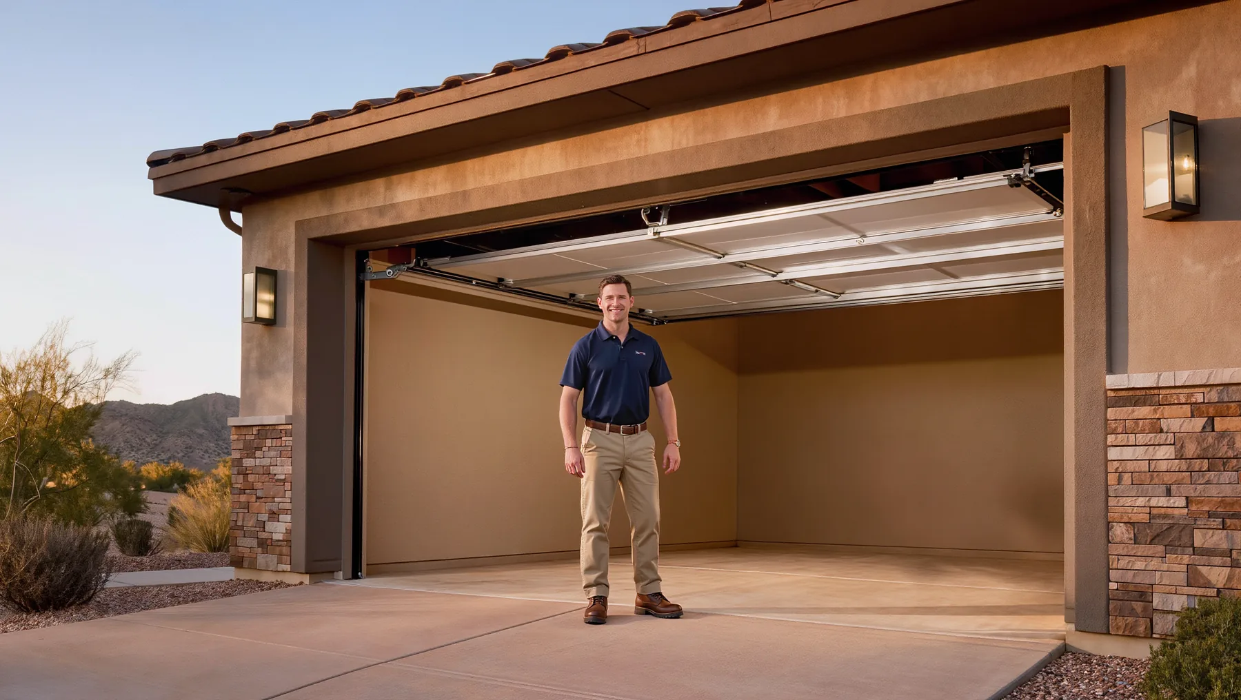 An Overhead Works installer at a customer's open garage door