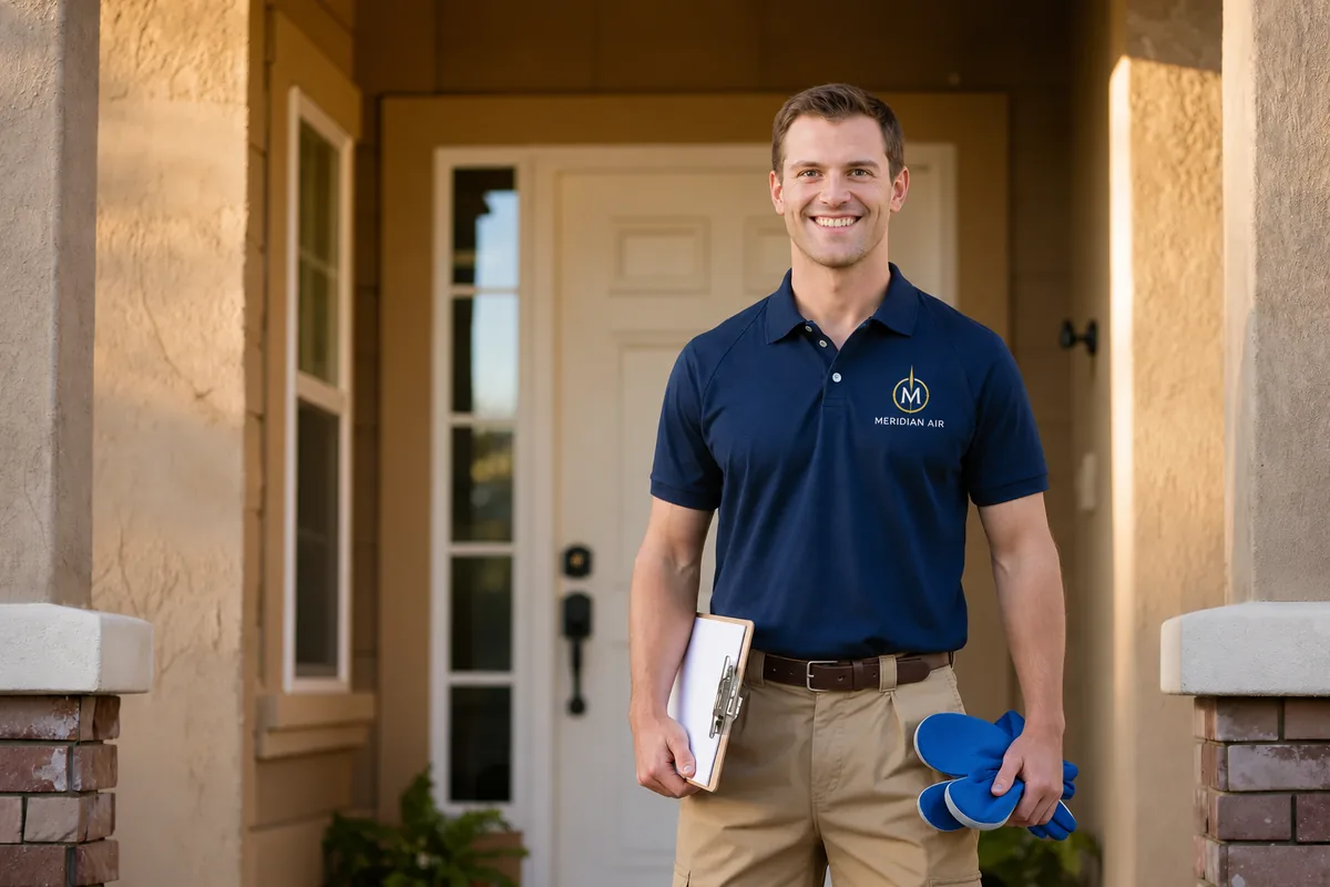 A Meridian Air technician at a customer's front door