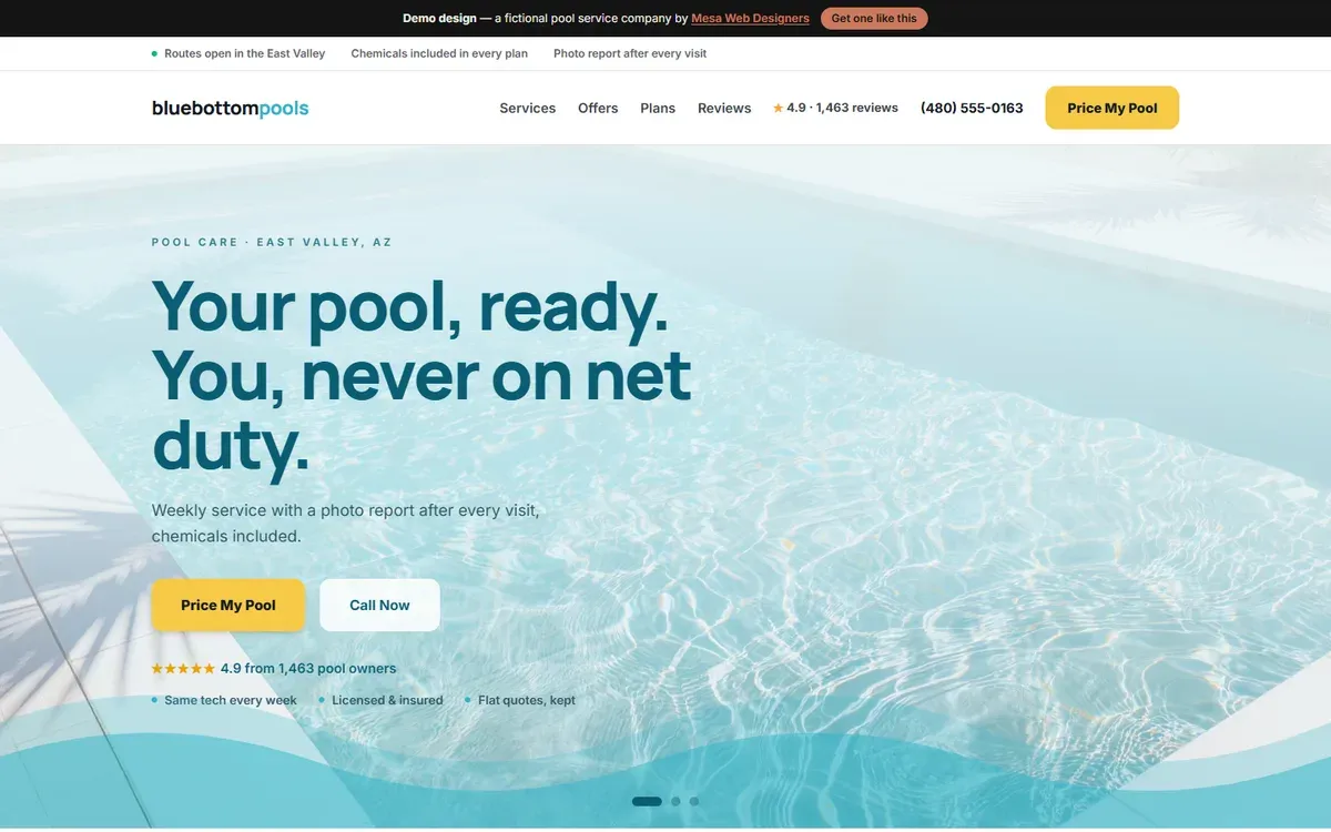 Screenshot of the Bluebottom Pools demo homepage