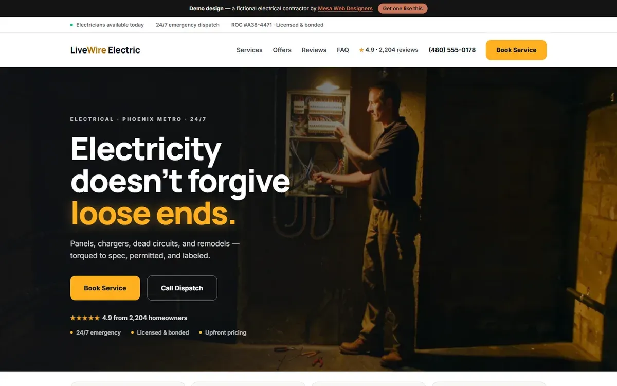 Screenshot of the Live Wire Electric demo homepage