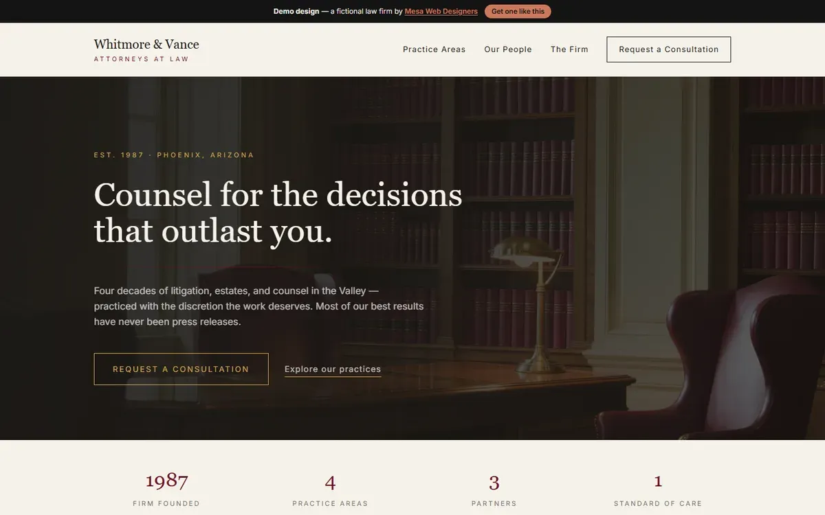 Screenshot of the Whitmore & Vance demo homepage